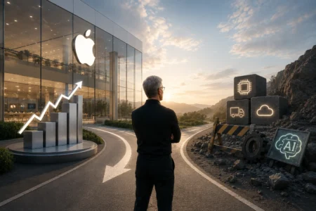 Apple Cetak Kuartal Solid, Tantangan Baru Mulai Terlihat Man stands with arms crossed, facing a sunrise along a road beside an Apple Store, with a rising bar chart in the foreground.