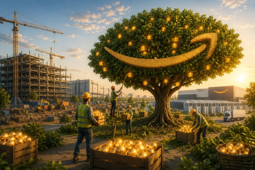Amazon Raup Pertumbuhan, Capex Ikut Membesar Construction site at sunset with a giant tree bearing glowing golden apples and a large Amazon smile emblem; workers gather fruit into crates.