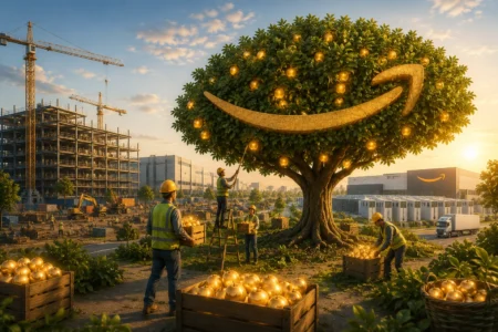 Amazon Raup Pertumbuhan, Capex Ikut Membesar Construction site at sunset with a giant tree bearing glowing golden apples and a large Amazon smile emblem; workers gather fruit into crates.