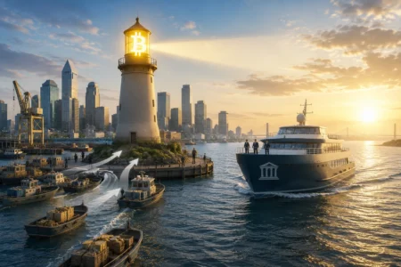 ETF Bitcoin Pulih di Tengah Konsolidasi Industri Kripto Lighthouse with a glowing Bitcoin symbol beams over a harbor at sunset, with a luxury yacht and city skyline.