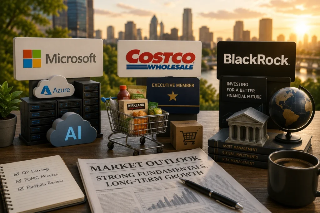 Rekomendasi Saham Hari Ini: MSFT, COST, BLK (6 Juli 2026) Signage for Microsoft, Costco, and BlackRock above a desk with cloud icons (Azure, AI), servers, a grocery cart of snacks, and a sunset city skyline in the background, conveying tech, retail, and finance synergy.