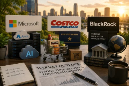 Rekomendasi Saham Hari Ini: MSFT, COST, BLK (6 Juli 2026) Signage for Microsoft, Costco, and BlackRock above a desk with cloud icons (Azure, AI), servers, a grocery cart of snacks, and a sunset city skyline in the background, conveying tech, retail, and finance synergy.