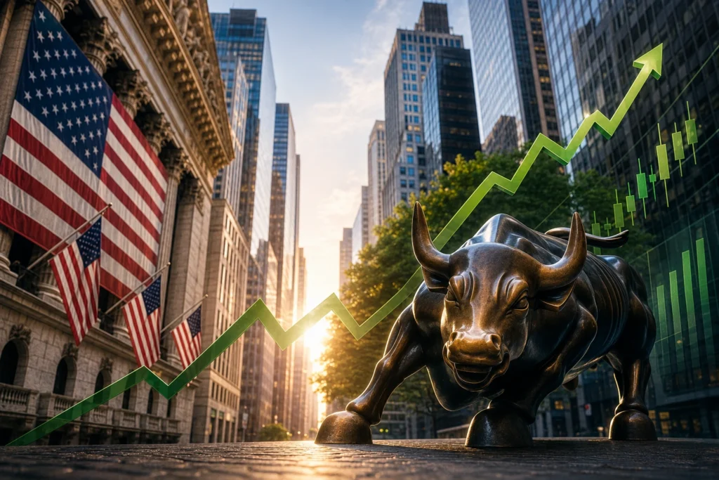 Wall Street Optimistis, Reli Saham Diprediksi Berlanjut Bronze bull statue charging forward on a city street with an upward stock chart, US flags, and skyscrapers to show market rally.