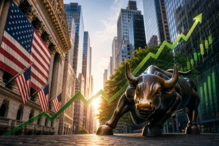 Wall Street Optimistis, Reli Saham Diprediksi Berlanjut Bronze bull statue charging forward on a city street with an upward stock chart, US flags, and skyscrapers to show market rally.