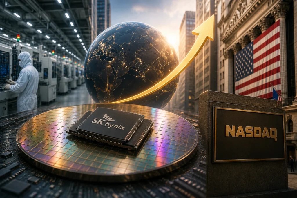 SK Hynix Manfaatkan Booming AI dengan IPO Jumbo Sk Hynix chip on a reflective wafer with a glowing globe and rising arrow, NASDAQ sign, and U.S. flag in a city-lab scene.