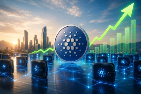 Cardano Tambah Ribuan Dompet, ADA Melonjak 33% Cardano coin hovering over interconnected crypto wallets, with a rising green chart in the background.