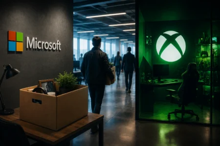 Microsoft office lobby with logo on dark wall; a person carries a box toward a green-lit Xbox room in the background.