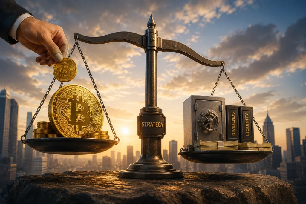 Bitcoin Bertahan Usai Strategy Jual 3.588 BTC Scale balancing Bitcoin coins on the left with a safe full of cash and labeled 'Dividends' and 'Liquidity' on the right, against a city skyline at sunset.