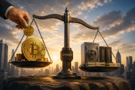 Bitcoin Bertahan Usai Strategy Jual 3.588 BTC Scale balancing Bitcoin coins on the left with a safe full of cash and labeled 'Dividends' and 'Liquidity' on the right, against a city skyline at sunset.