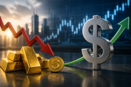 Dolar Menguat Tekan Emas, Target US$4.500 Tetap Bertahan Gold bars and a dollar symbol with a red downward arrow and a green upward arrow over a stock chart, illustrating market fluctuations.