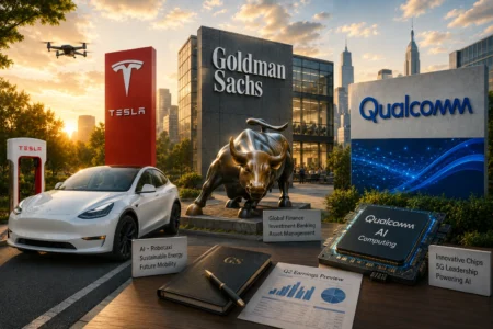 Rekomendasi Saham Hari Ini: TSLA, GS, QCOM (7 Juli 2026) Electric car and drone near a Tesla charging post in a tech campus with Goldman Sachs and Qualcomm signage in sunset light