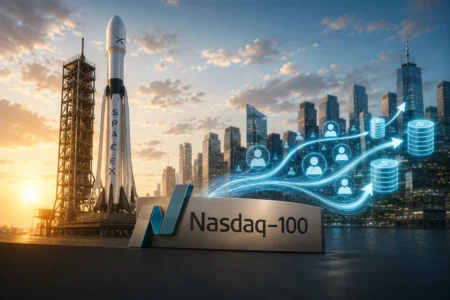 SpaceX rocket on a launch pad beside a Nasdaq-100 sign, with blue data streams and a city skyline in sunset.