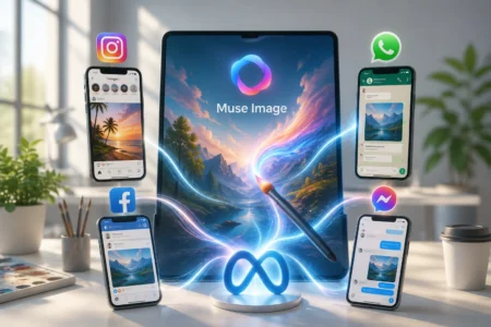 Meta Rilis Muse Image untuk Instagram dan WhatsApp Tablet at center shows Muse Image with a glowing stylus and colorful energy streams, surrounded by smartphones displaying social apps like Instagram, Facebook, WhatsApp, and Messenger.