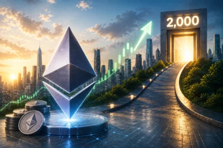 ETH Menguat, Target US$2.000 Kembali Terbuka Ethereum symbol rising over coins with a glowing arrow indicating growth in a futuristic cityscape context of crypto investment opportunities.