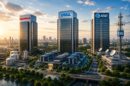 Rekomendasi Saham Hari Ini: XOM, DELL, T (8 Juli 2026) Aerial view of three glass-clad office towers with ExxonMobil, Dell, and AT&T logos at sunset, surrounded by roads and green space along a river.