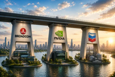 Rekomendasi Saham Hari Ini: AVGO, NVDA, CVX (9 Juli 2026) Bridge pillars over a river feature Broadcom, Nvidia, and Chevron logos with a city skyline at sunset in the background.