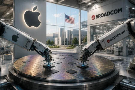 Apple Perbesar Investasi Chip AS Lewat Broadcom Two robotic arms handle semiconductor wafers on a round platform inside a high-tech Apple facility with Broadcom branding visible and an American flag outside.