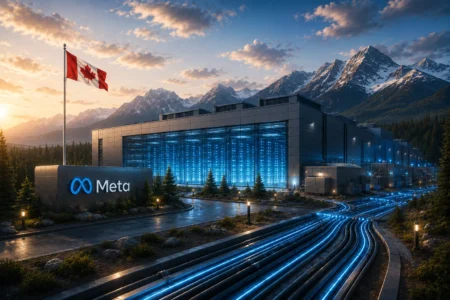 Meta Bangun Pusat Data AI Pertama di Kanada Meta data center at sunset beside snow-capped mountains, with a Canadian flag and blue-lit servers visible.