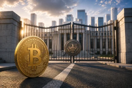 Bitcoin Turun Usai Risalah The Fed Bernada Hawkish Gold Bitcoin coin in the foreground with a gated government building and sunrise in the background, suggesting cryptocurrency and security.