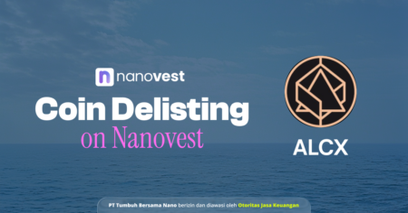 Pengumuman Penghapusan (Delisting) Koin ALCX Banner announcing 'Coin Delisting on Nanovest' with Nanovest logo and ALCX emblem over a calm sea background.