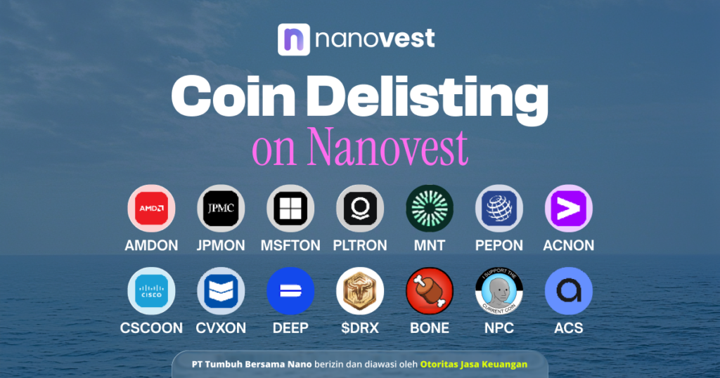 Pengumuman Penghapusan (Delisting) Aset Kripto AMDON, JPMON, MSFTON, PLTRON, MNT, PEPON, ACNON, CSCOON, CVXON, DEEP, $DRX, BONE, NPC, dan ACS Nanovest hero banner announcing coin delisting, displaying multiple exchange logos in a row over a sea background with a curved caption bar at bottom.