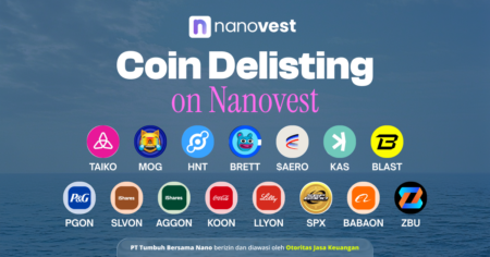 Pengumuman Penghapusan (Delisting) Koin TAIKO, MOG, HNT, BRETT, $AERO, KAS, BLAST, PGON, SLVON, AGGON, KOON, LLYON, SPX, BABAON, dan ZBU Banner announcing coin delisting on Nanovest with a row of crypto logos over a blue ocean background and a rounded caption at bottom (Indonesian text).