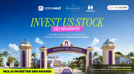 Investasi US Stocks Mulai Rp300.000, Dapatkan Promo Eksklusif dari Houzcall & Dentalosophy Promotional banner for investing in US stocks with bold yellow text 'INVEST US STOCK' and 'GET REWARDED!' plus partner logos and date.