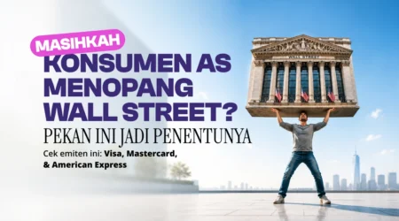 Masihkah Konsumen AS Menopang Wall Street? Pekan Ini Jadi Penentunya Seorang pria mengangkat gedung berkolom seperti bank Wall Street di atas kepala di latar kota, dengan teks promosi berwarna ungu di kiri: pembahasan tentang apakah konsumen AS menopang Wall Street.