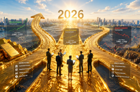Prediksi Harga Emas 2026: Pandangan Para Ahli untuk Investor Business team on a glowing golden road to 2026, with floating market scenario panels (bullish, baseline, bearish) and charts.