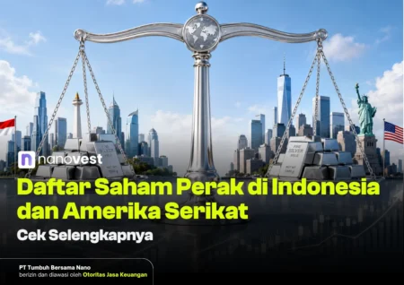 Promotional banner with a large silver balance scale over a city skyline, silver bars on both pans, Indonesian and US flags, and bold yellow headline: 'Daftar Saham Perak di Indonesia dan Amerika Serikat' with 'Cek Selengkapnya'.