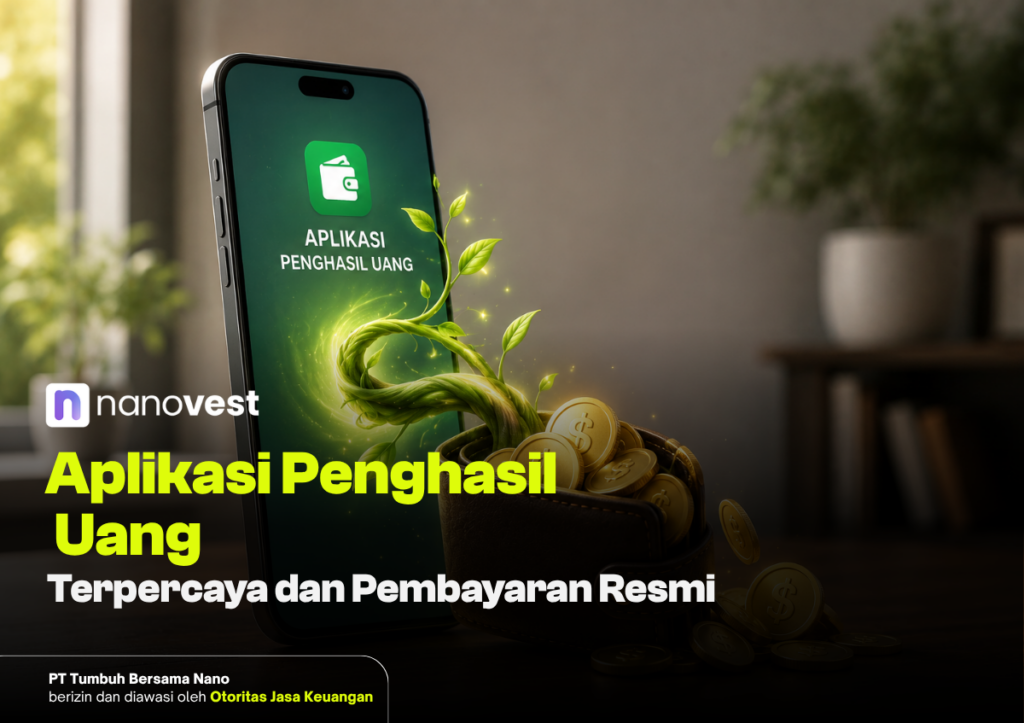 8 Aplikasi Penghasil Uang 2026: Terpercaya & Pembayaran Resmi Indonesian ad for a money-making app: smartphone screen with a green app icon, coins sprouting from a wallet as text reads 'Aplikasi Penghasil Uang' and 'Terpercaya dan Pembayaran Resmi'.
