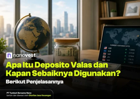 Apa Itu Deposito Valas dan Kapan Sebaiknya Digunakan? Thumbnail for an article about currency deposits: globe, jar of cash, and a laptop showing exchange rates with bold Indonesian headline text.
