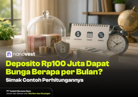 Deposito Rp100 Juta Dapat Bunga Berapa per Bulan? Simak Contoh Perhitungannya Stacks of Indonesian rupiah under a glass dome with a shield icon and a clock on a desk, illustrating a savings/investment article.