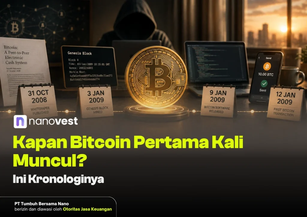 Kapan Bitcoin Pertama Kali Muncul? Ini Kronologinya Hooded figure behind a glowing Bitcoin coin with milestone cards and laptops, illustrating cryptocurrency history.