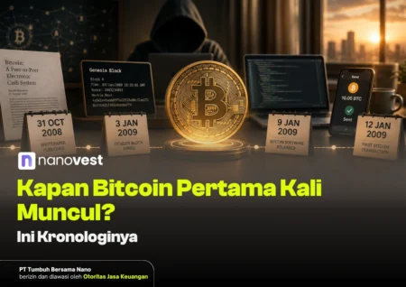 Kapan Bitcoin Pertama Kali Muncul? Ini Kronologinya Hooded figure behind a glowing Bitcoin coin with milestone cards and laptops, illustrating cryptocurrency history.