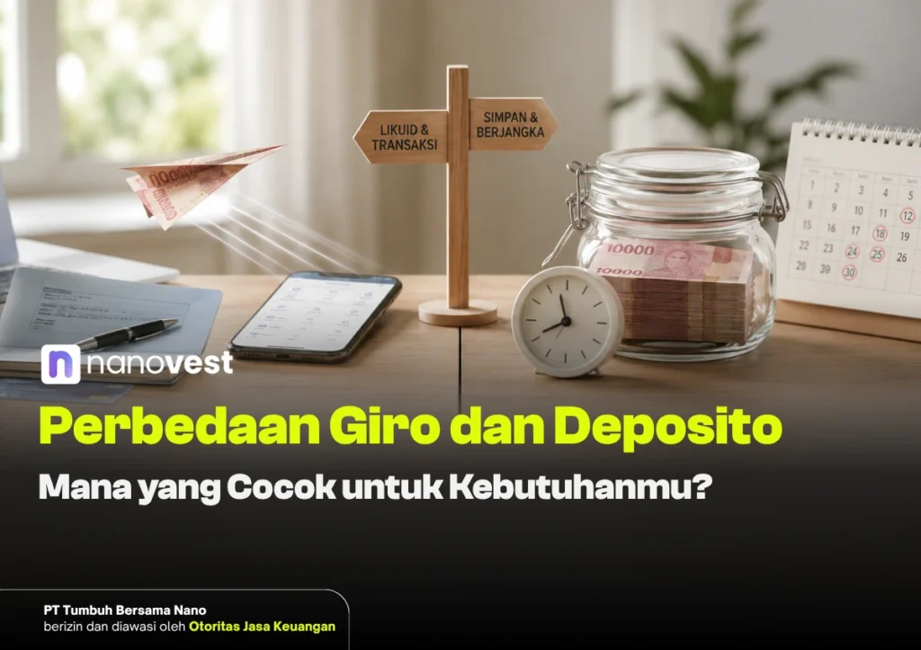 Perbedaan Giro dan Deposito: Mana yang Cocok untuk Kebutuhanmu? Desk scene showing a wooden signpost 'Likuid & Transaksi' and 'Simpan & Berjangka' beside a jar of money, clock, phone, and calendar for a Nanovest article about Giro vs. Deposito