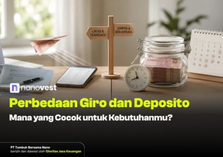 Perbedaan Giro dan Deposito: Mana yang Cocok untuk Kebutuhanmu? Desk scene showing a wooden signpost 'Likuid & Transaksi' and 'Simpan & Berjangka' beside a jar of money, clock, phone, and calendar for a Nanovest article about Giro vs. Deposito