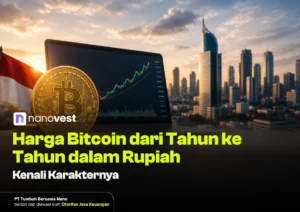 Bitcoin coin in the foreground with a laptop displaying a rising price chart and a city skyline in the background; article about Bitcoin prices in Rupiah (year-by-year).
