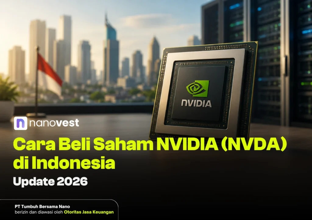 Cara Beli Saham NVIDIA (NVDA) di Indonesia (2026) NVIDIA processor chip on a desk with a city skyline; Indonesian article title about buying NVIDIA stock, Update 2026.