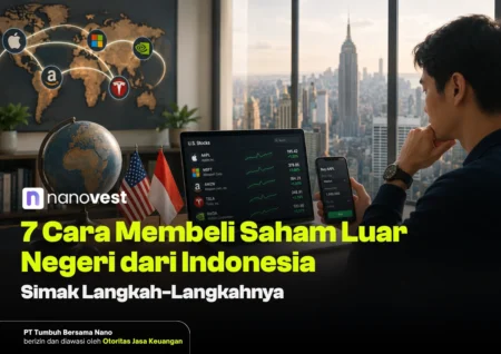 Businessperson at a desk reviewing foreign stocks on laptop and phone, with a world map and city skyline in the background.