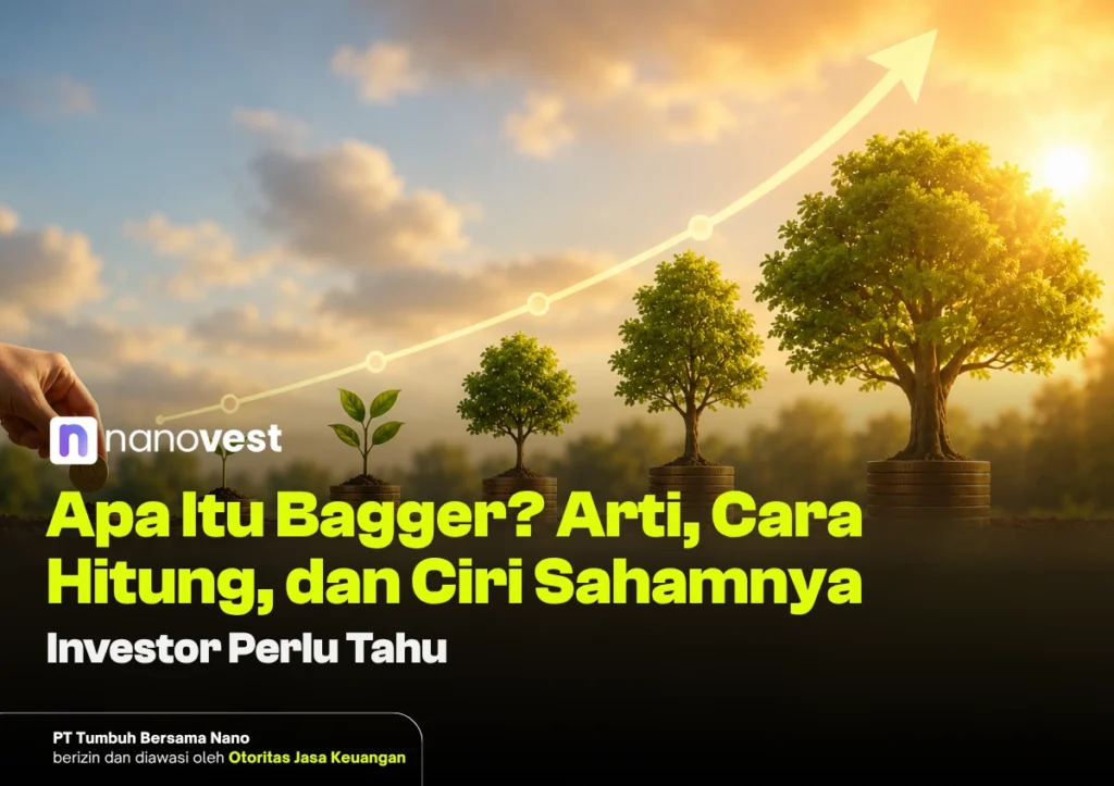 Apa Itu Bagger? Arti, Cara Hitung, dan Ciri Sahamnya Hand placing a coin beside a seedling on stacked coins, trees grow into larger sizes toward a glowing upward arrow, symbolizing investment growth for a stock article.