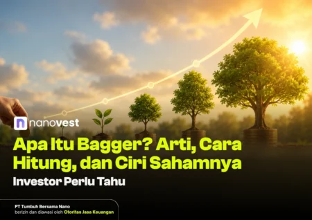 Apa Itu Bagger? Arti, Cara Hitung, dan Ciri Sahamnya Hand placing a coin beside a seedling on stacked coins, trees grow into larger sizes toward a glowing upward arrow, symbolizing investment growth for a stock article.