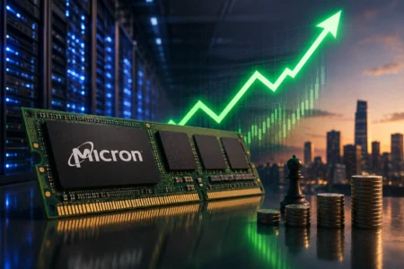 Saham Micron Technology Rebound 10%, Ini Potensi Nilai Investasi pada Pertengahan 2027 Micron RAM module in a server rack with a green upward-trending chart in the background and a city skyline at dusk.