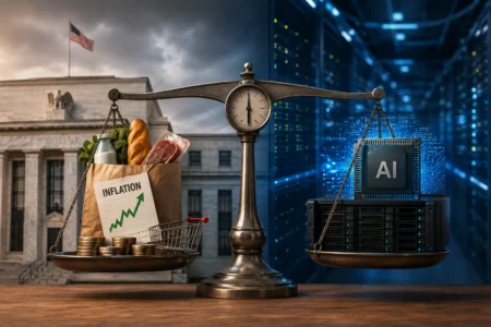 Pekan Ini: Pasar Menimbang Inflasi dan Return dari Investasi AI A balance scale shows groceries, money, and an inflation chart on the left, and AI computer hardware on the right, illustrating economic pressure versus technology.