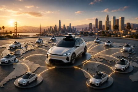 Uber Perluas Robotaxi, Targetkan 28 Kota hingga 2028 Electric SUV at center on a map-shaped platform, connected to self-driving cars worldwide by glowing lines. Showcases connected autonomous mobility network.