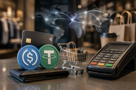 USDC dan USDT Kuasai 84% Belanja Kartu Kripto Checkout scene with a wallet, credit card, a tiny shopping cart with bags, and a payment terminal, conveying a secure payment at checkout.