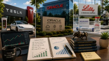Rekomendasi Saham Hari Ini: TSLA, ORCL, LLY (10 Agustus 2026) Three-panel corporate scene: left shows a Tesla car and charging station, center features an Oracle building with a 'Cloud Infrastructure' sign, right shows a Lilly sign with lab items on a desk.