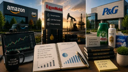 Rekomendasi Saham Hari Ini: AMZN, XOM, PG (11 Agustus 2026) Collage of three company campuses—Amazon AWS, ExxonMobil, and P&G—with an oil rig in the middle, plus a desk showing stock charts and notebooks.
