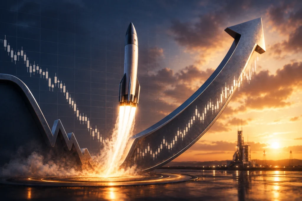 Saham SpaceX (SPCX) Rebound, Tembus US$135 Setelah Tertekan Sebulan A rocket launching upward alongside a curved arrow and a rising stock chart, symbolizing rapid market growth or a bullish surge at sunset/oil rigs in the distance.
