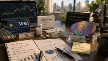 Rekomendasi Saham Hari Ini: V, ABBV, KLAC (12 Agustus 2026) Finance desk setup: laptop showing a stock chart, VISA card, ABBV box, pills, notebook pages with market notes, and a colorful silicon wafer centerpiece.